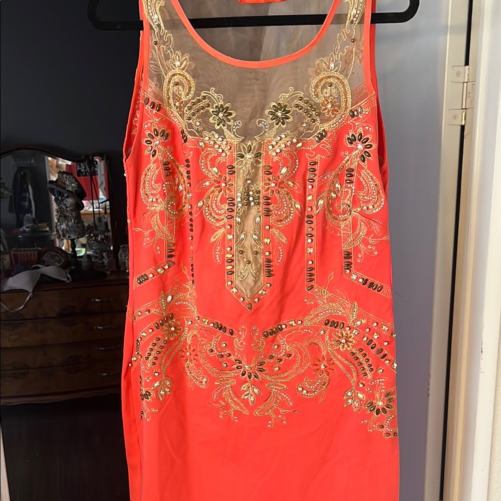 Embroidered Sleeveless Dress - watermelon and Gold